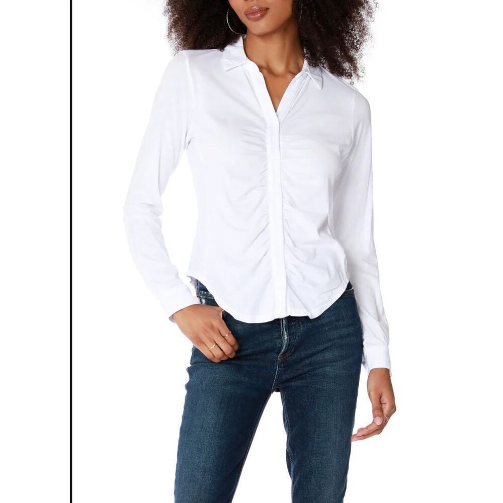 bobi Button Front Shirred Placket Tee in White Size XL
